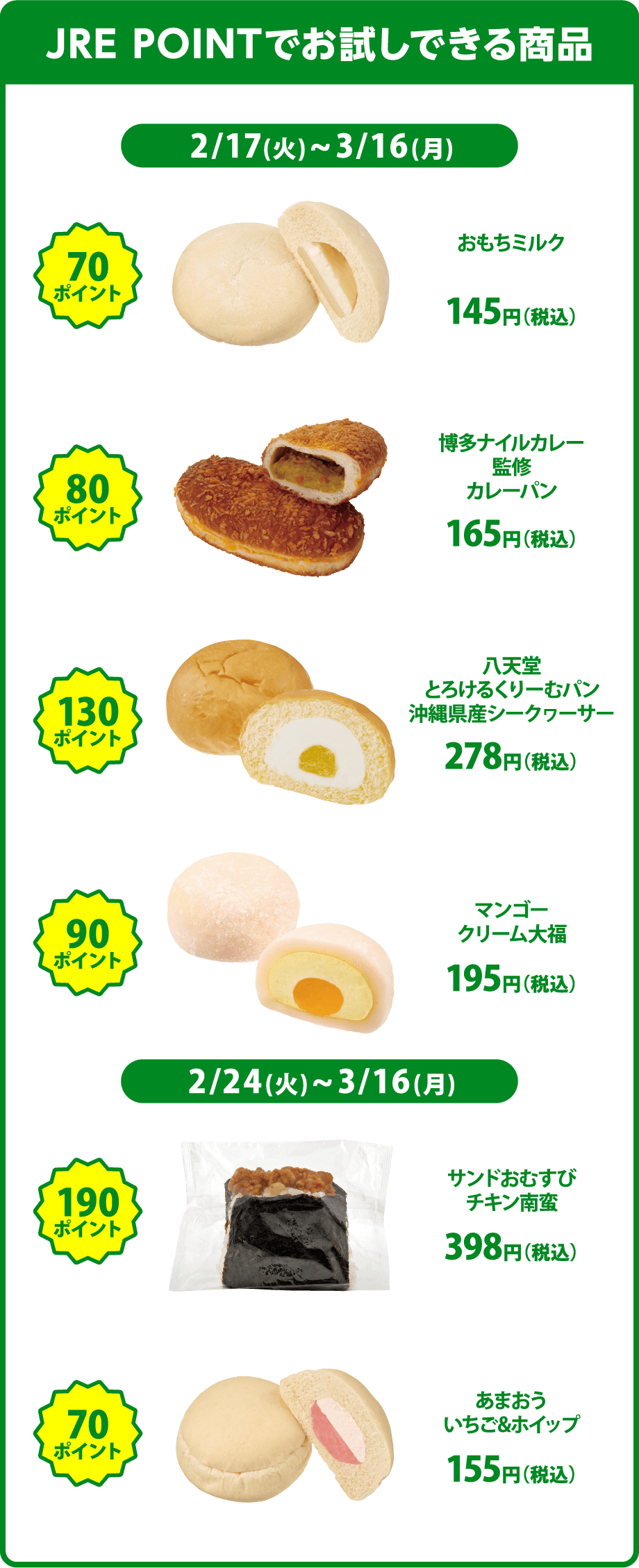 JRE POINTでお試しできる商品 2/17(火)~3/16(月) 70ポイント おもちミルク 145円(税込) 80ポイント 博多ナイルカレー監修カレーパン 165円(税込) 130ポイント 八天堂とろけるくりーむパン沖縄県産シークヮーサー 278円(税込) 90ポイント マンゴークリーム大福 195円(税込) 2/24(火)~3/16(月) 190ポイント サンドおむすびチキン南蛮 398円(税込) 70ポイント あまおういちご&ホイップ 155円(税込)