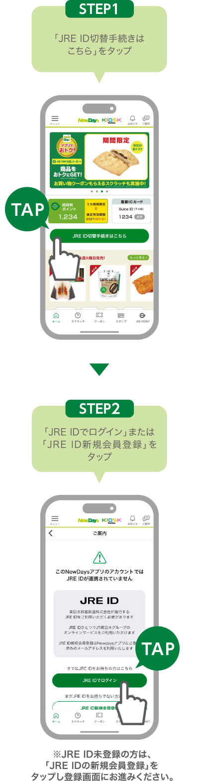 STEP1:「JRE ID切替手続きはこちら」をタップ STEP2:「JRE IDでログイン」または「JRE ID新規会員登録」をタップ