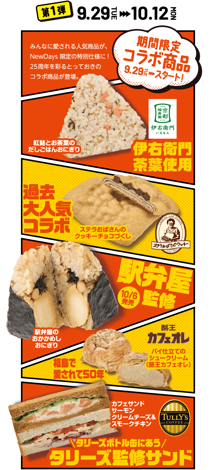 第１弾 9.29TUE - 10.12MON 期間限定コラボ商品9.29TUEスタート
						みんなに愛される人気商品が、
						NewDays限定の特別仕様に！
						25周年を彩るとっておきのコラボ商品が登場。